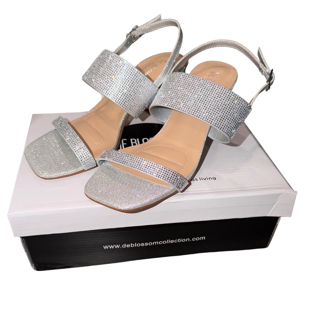 De Blossom Collection Verona-59W Silver Rhinestone Block Heel Sandals Wide 6